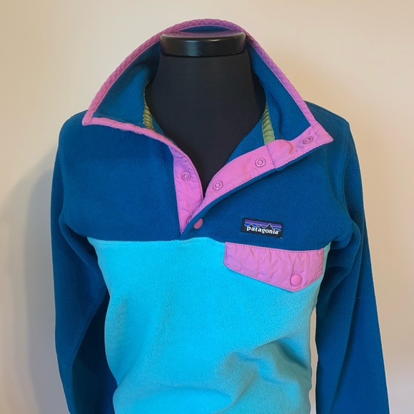 Patagonia Fleece Synchilla Sweater Aqua Turquoise Blue and Pink Colorblock - Picture 5 of 11